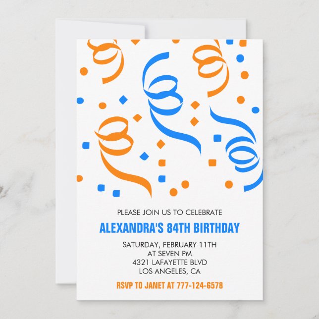 Classic Confetti Blue Orange 84th birthday Invitation (Front)