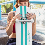 Classic Cool Teal White Racing Stripes Monogram Skateboard<br><div class="desc">Create your own custom, personalized, modern, cool, stylish, turquoise teal and white racing stripes, classy elegant typography script, best quality hard-rock maple competition shaped skateboard deck. To customize, simply type in your name / monogram / initials. While you add / design, you'll be able to see a preview of your...</div>