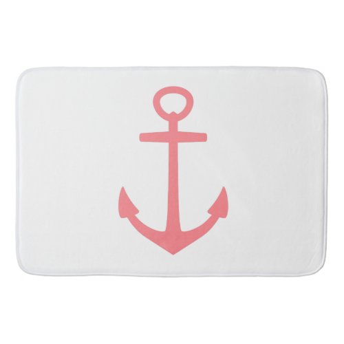 Classic Coral Pink Nautical Anchor on White Bath Mat