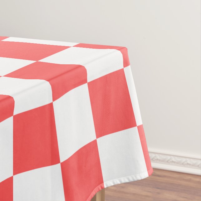 Classic coral red checkerboard tablecloth (In Situ)