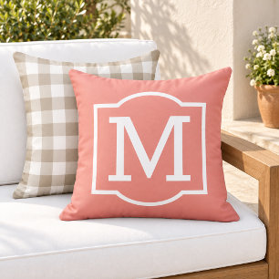 Classic Coral White Bracket Monogram Outdoor Pillow