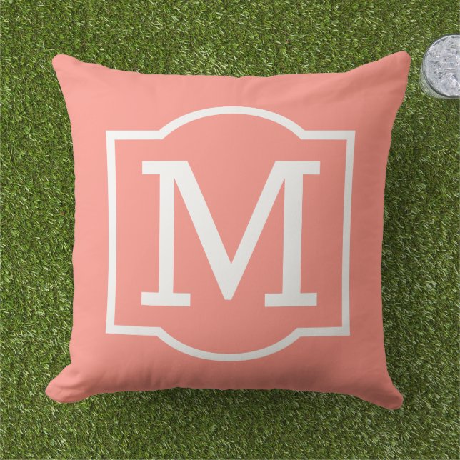 Classic Coral White Bracket Monogram Outdoor Pillow (Grass)