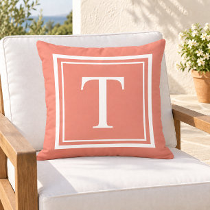 Classic Coral White Square Frame Monogram Outdoor Pillow