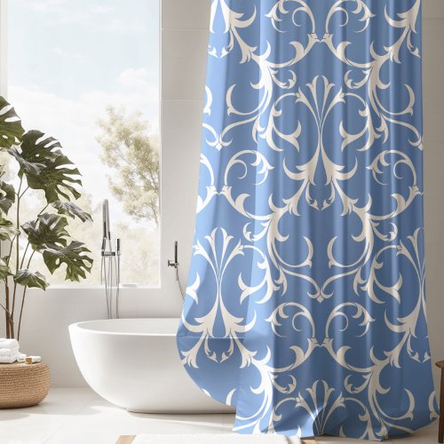 Classic Cornflower Blue  White Damask Floral Shower Curtain