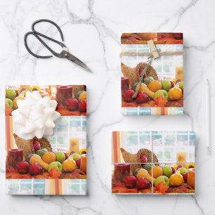 Classic Cornucopia Harvest Table Pattern Wrapping Paper Sheets