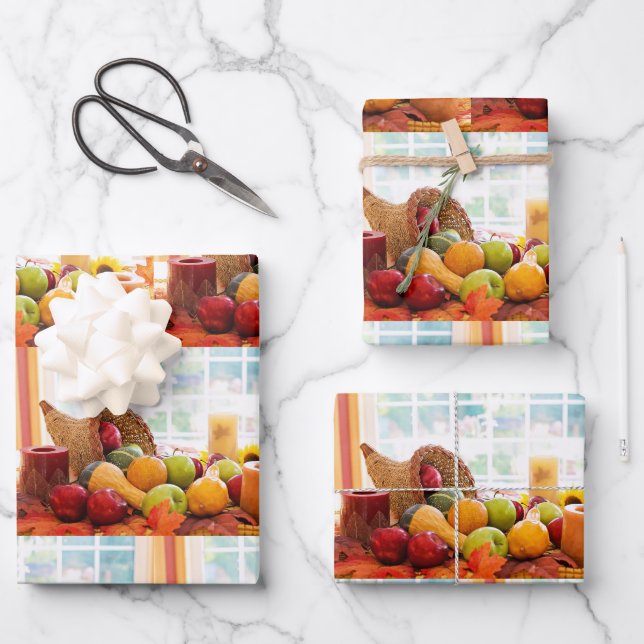 Classic Cornucopia Harvest Table Pattern Wrapping Paper Sheets (Front)