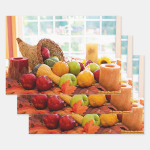 Classic Cornucopia Harvest Table Thanksgiving Wrapping Paper Sheets