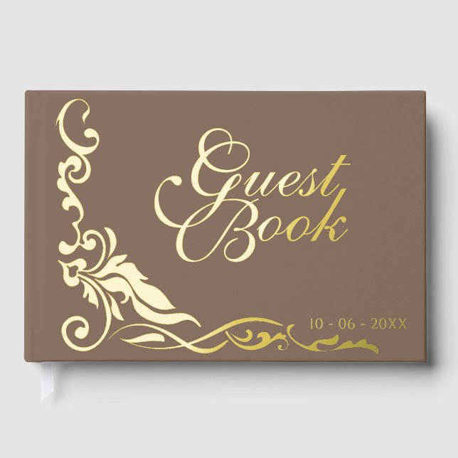 Classic Couple Initials Floral Filigrain Gold Foil Guest Book (Front)