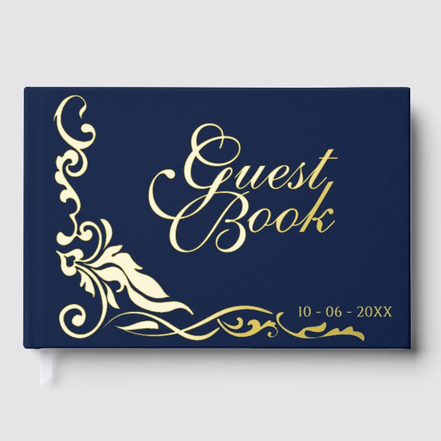 Classic Couple Initials Floral Filigrain Gold Foil Guest Book (Front)