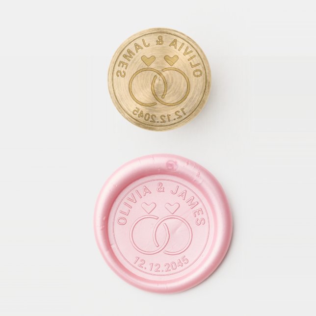 Classic Couple Names Modern Wedding Ring Heart  Wax Seal Stamp (Stamped)
