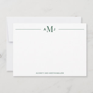Classic Couples Monogram, Green Personalized Flat Note Card
