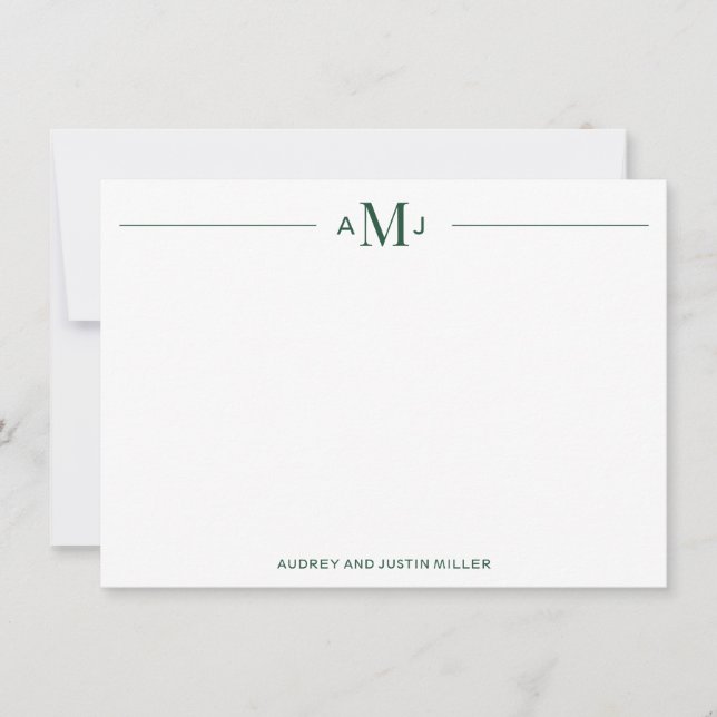 Classic Couples Monogram, Green Personalized Flat Note Card (Front)