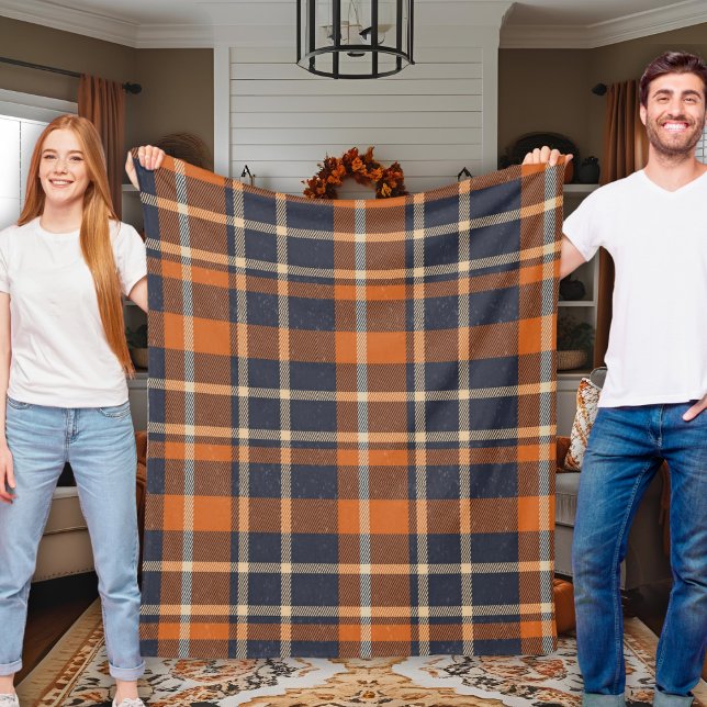 Classic Cozy Autumn Blue and Orange Plaid Fleece Blanket (Classic Cozy Autumn Blue and Orange Plaid Fleece Blanket)