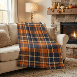 Classic Cozy Autumn Blue and Orange Plaid Fleece Blanket