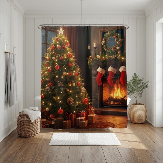 Classic Cozy Fireplace & Christmas Tree  Shower Curtain (Creator Uploaded)