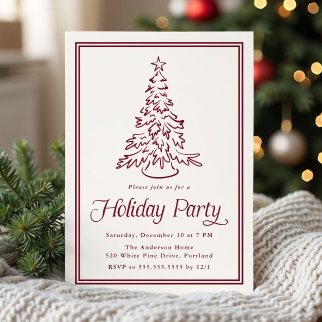 Classic Cranberry Border Christmas Tree Holiday Invitation (Creator Uploaded)