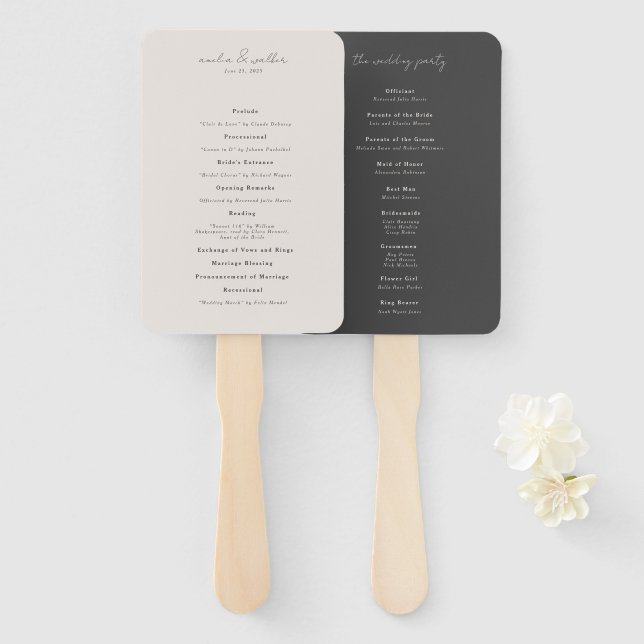 Classic Cream and Charcoal Grey Wedding Program  Hand Fan (Front and Back)
