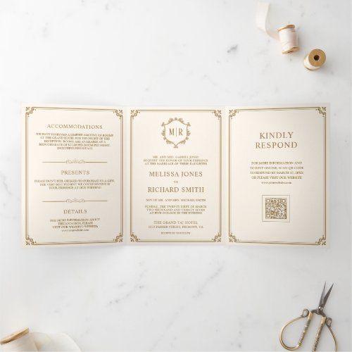 Classic Cream and Gold Monogram QR Code Wedding Tri-Fold Invitation