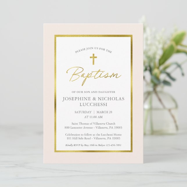 Classic Cream and Gold Script Twins Baptism  Invitation (Standing Front)