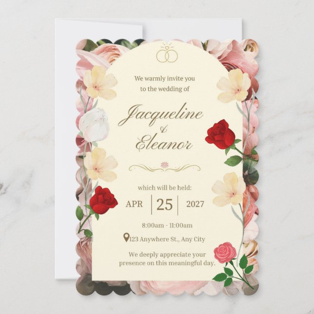 Classic Cream Arch with Red & Yellow Roses Wedding Invitation (Front)