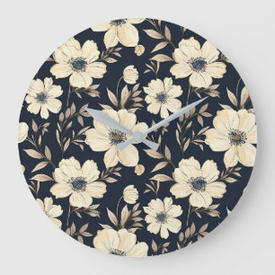 Classic Cream Flowers On Dark Navy Blue Background Large Clock