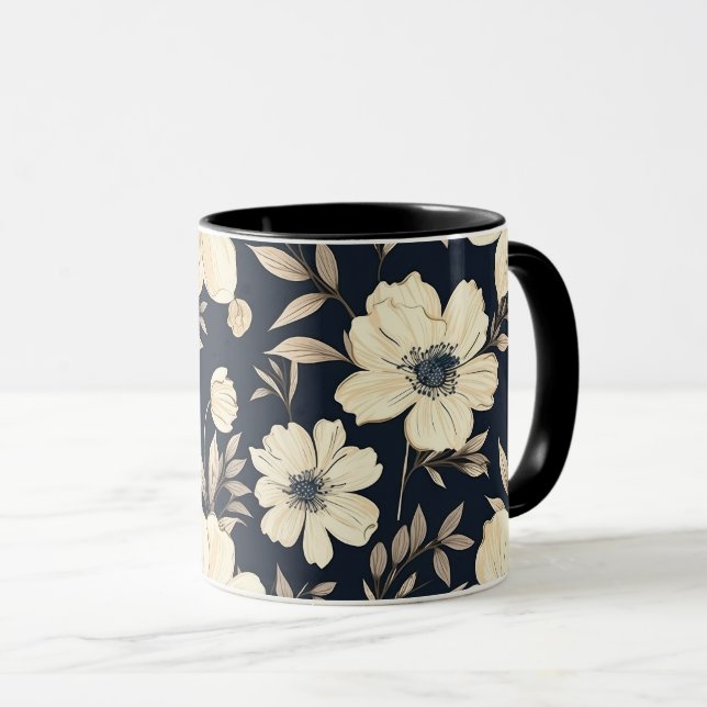 Classic Cream Flowers On Dark Navy Blue Background Mug (Front Right)