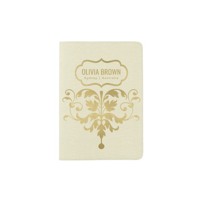 CLASSIC CREAM GOLD LEATHER MOTIF MONOGRAM PASSPORT HOLDER (Front)