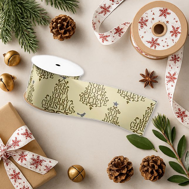 Classic Cream Gold Script Christmas Grosgrain Ribbon (Creator Uploaded)