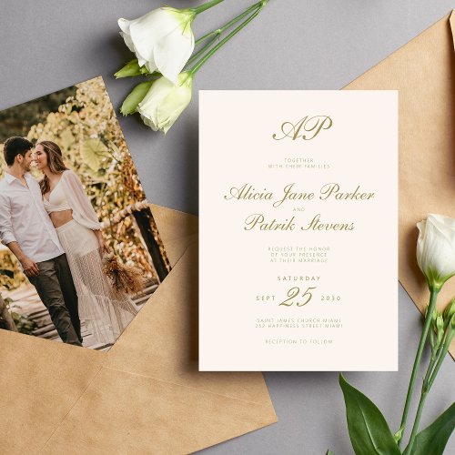 Classic cream gold script monogram photo wedding invitation