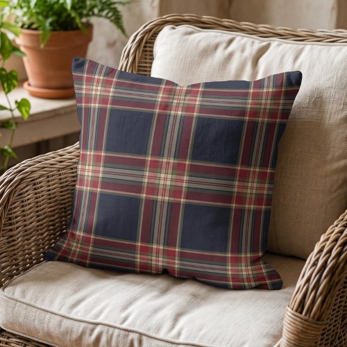 Classic Cream Ivory Blue Dark Red Plaid Pattern Throw Pillow