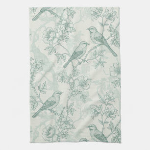 Classic Cream Mint Bird Garden Toile Pattern Kitchen Towel