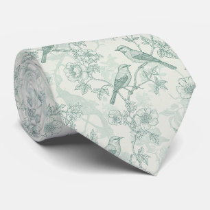 Classic Cream Mint Bird Garden Toile Pattern Neck Tie