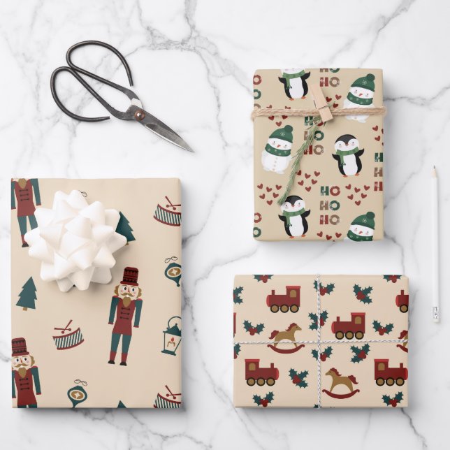 Classic Cream Red & Green Christmas Cuties Wrapping Paper Sheets (Front)