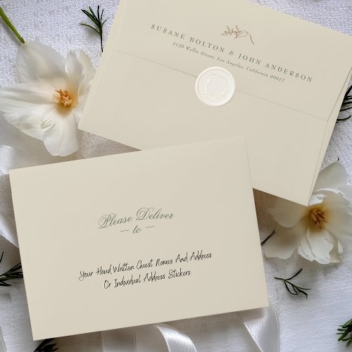 Classic Cream  Sage Gold Crest Wedding Address Envelope