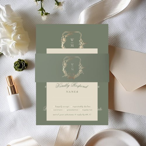 Classic Cream  Sage Monogram Gold Crest Wedding I Invitation Belly Band