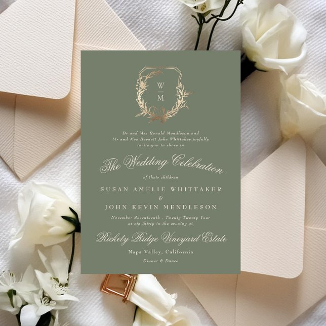 Classic Cream & Sage Monogram Gold Crest Wedding Invitation (Creator Uploaded)