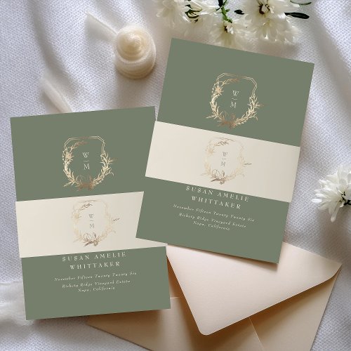 Classic Cream  Sage Monogram Gold Crest Wedding Invitation Belly Band