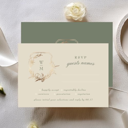 Classic Cream  Sage Monogram Gold Crest Wedding RSVP Card