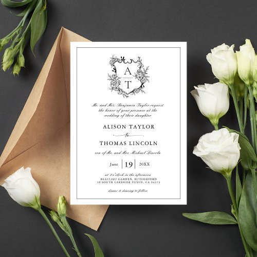 Classic Crest Black White Wedding Invitation