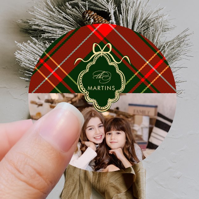 Classic Crest Christmas Plaid Holiday Photo Round Sticker (Creator Uploaded)