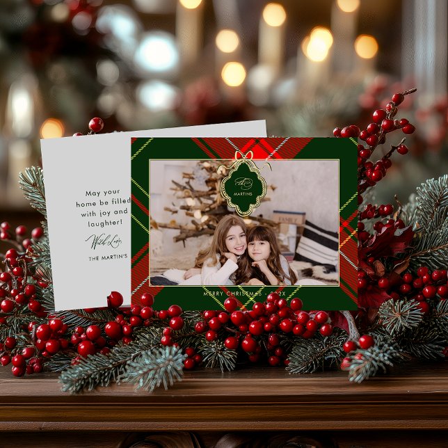 Classic Crest Christmas Red Green Plaid Photo Holiday Postcard (Creator Uploaded)