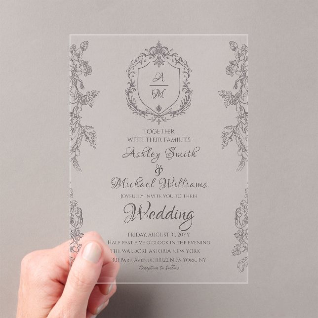 Classic Crest Minimalist Simple Monogram Wedding Acrylic Invitations (Insitu (Handheld))