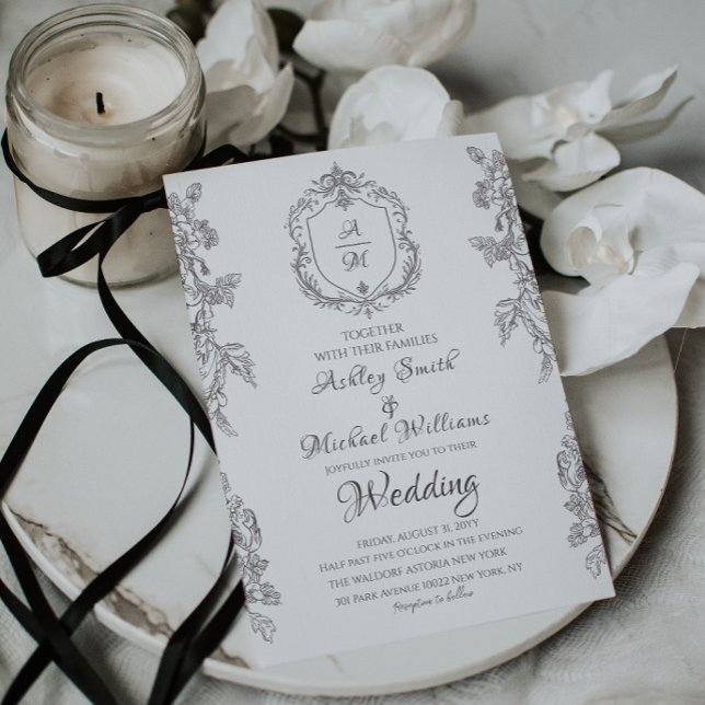 Classic Crest Minimalist Simple Monogram Wedding Invitation (Creator Uploaded)