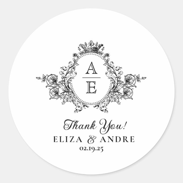Classic Crest Monogram Black and White Wedding Round Sticker (Front)