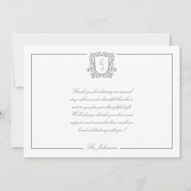 Classic Crest Monogram Black White Thank You Card (Front)
