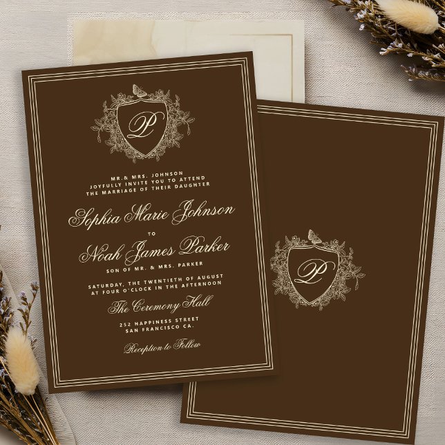 Classic crest monogram brown wedding invitation (Creator Uploaded)