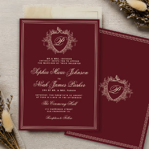 Classic crest monogram burgundy wedding invitation