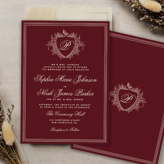 Classic crest monogram burgundy wedding invitation (Creator Uploaded)