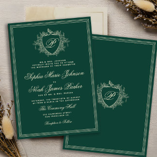Classic crest monogram emerald green wedding invitation
