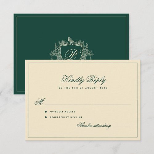 Classic crest monogram emerald green wedding RSVP card